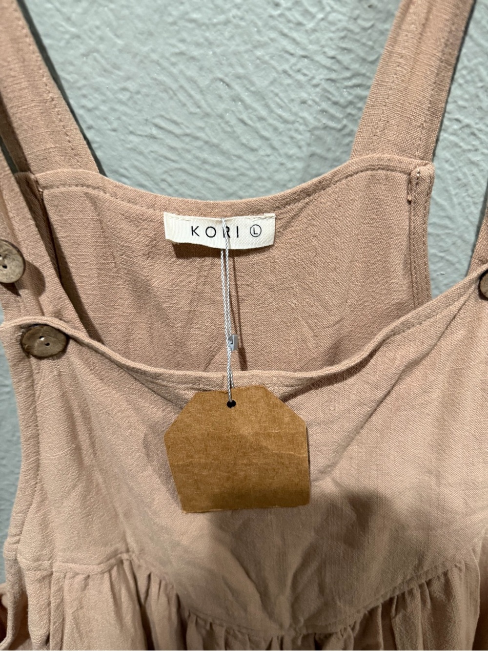 Kori Dusty Tan Sleeveless Summer Overalls Jumpsuit Size L NWT Linen Blend Boho - Picture 2 of 4